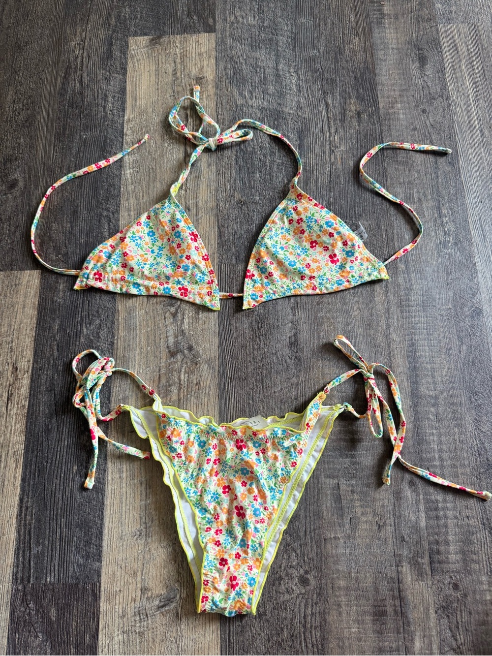 SHEIN Multicolor Floral Tie-Side Bikini with Yellow Trim